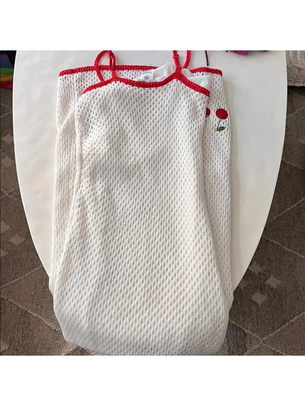 Sweet Girl Cherry Crochet Fruit Print Knit Maxi Dress White Red Size Large